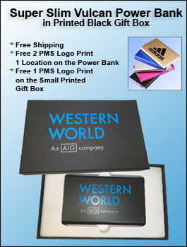 Super Slim Vulcan Power Bank 3000 or 4000 mAh in a Printed Black Gift Box